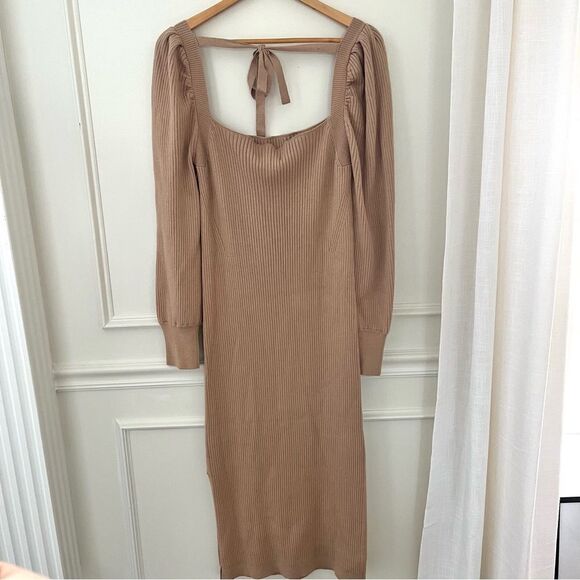 Charles Henry Puff Shoulder Long Sleeve Knit MIDI Dress in Tan Sz XL - Picture 10 of 12